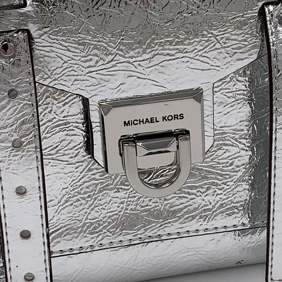 MICHAEL KORS MANHATTAN MEDIUM TOP HANDLE SCHOOL SATCHEL CROSSBODY BAG SILVER - Picture 6 of 16